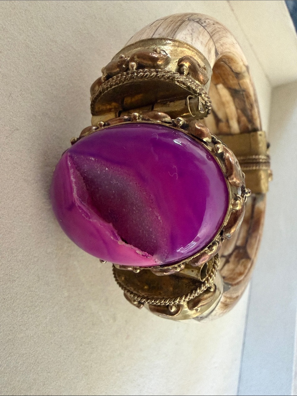 Gold Bangle Bracelet with Fuchsia Agate Statement Stone